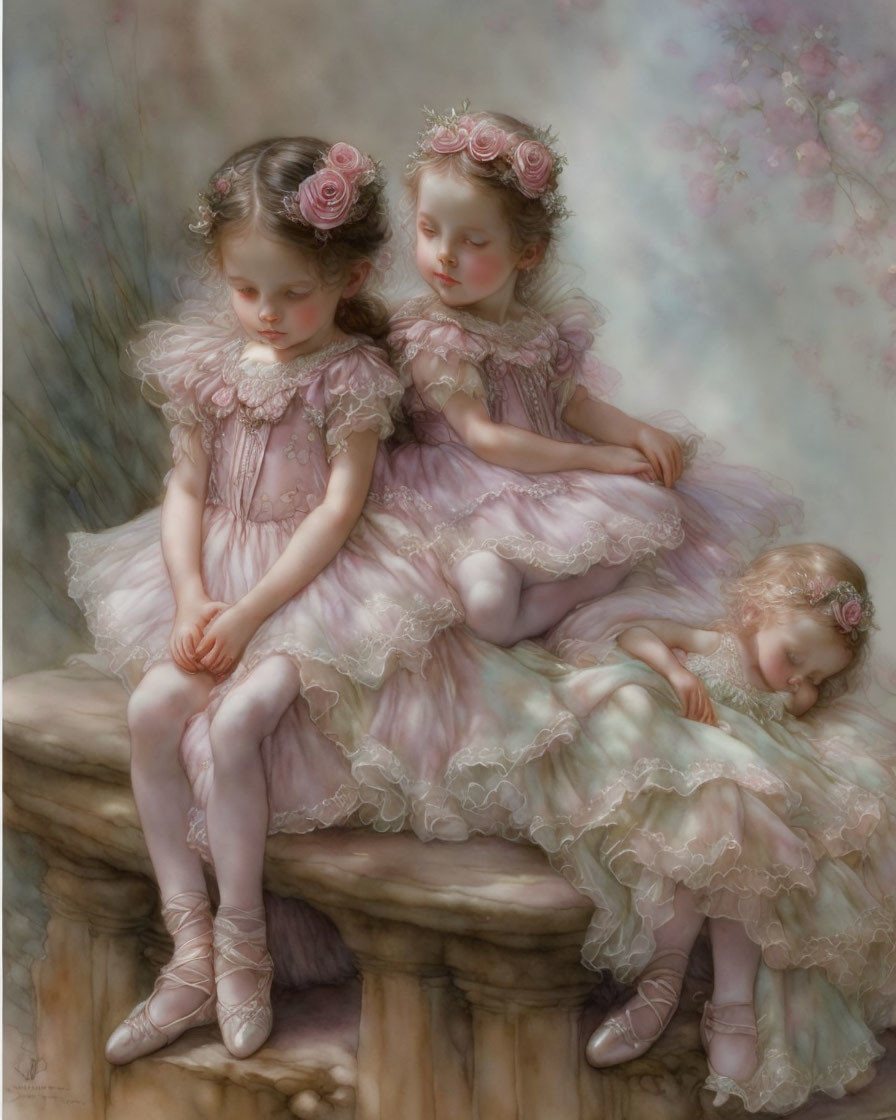 Three children in pink ballet outfits with flower crowns in serene setting