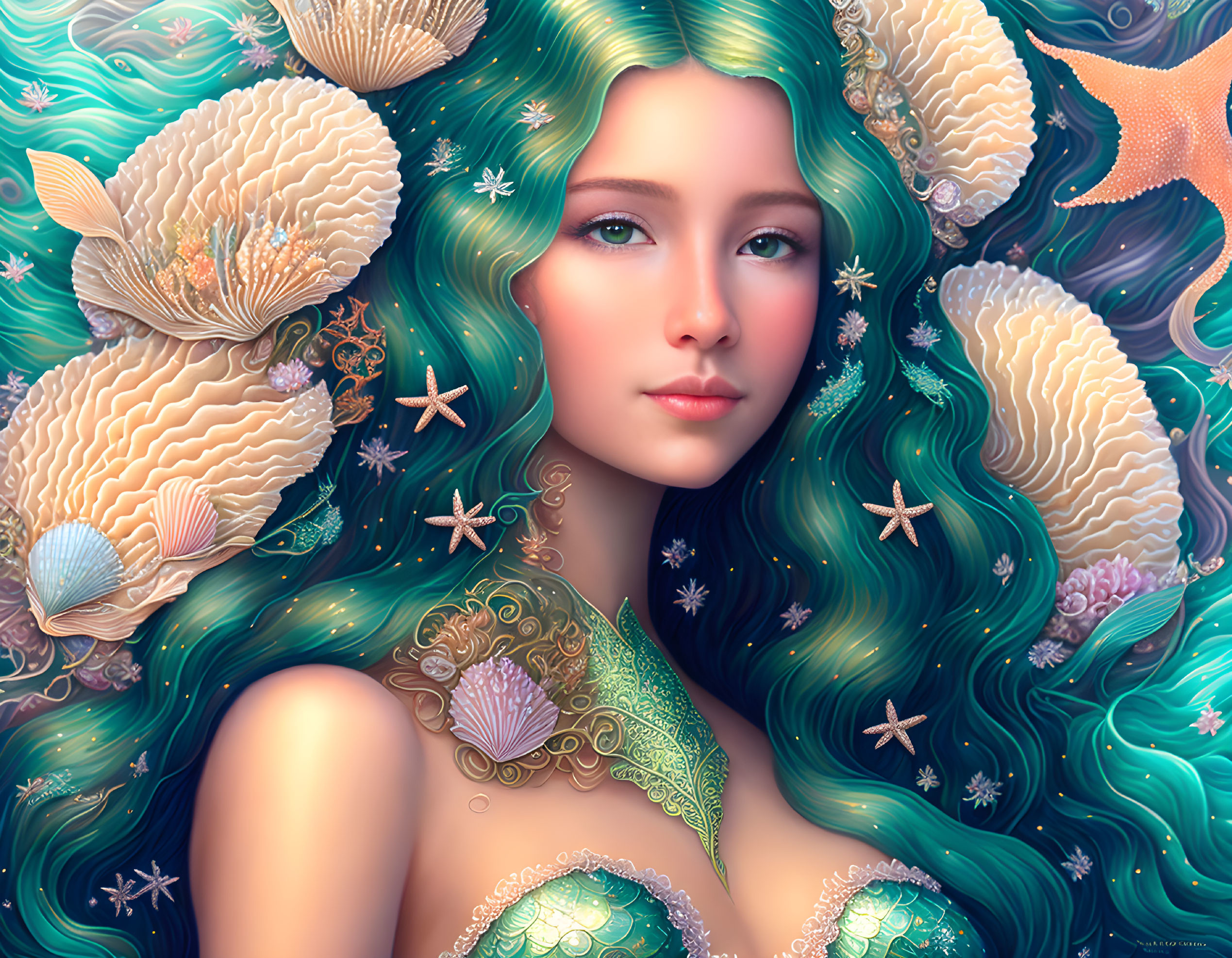 Mermaid illustration with green hair, sea stars, shells, blue eyes, and coral motif