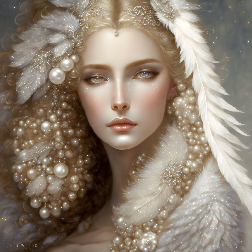 Woman with Pearl Adornments and Feather Surroundings