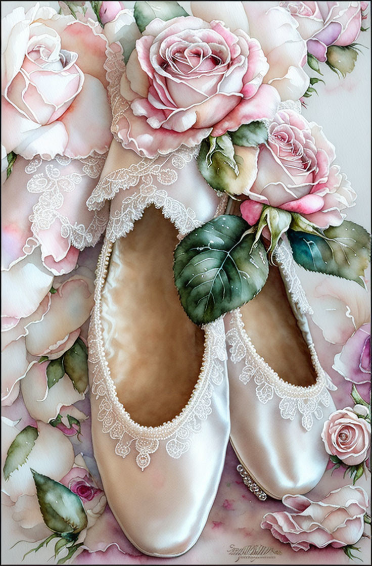 Satin ballet flats with lace trim on floral background