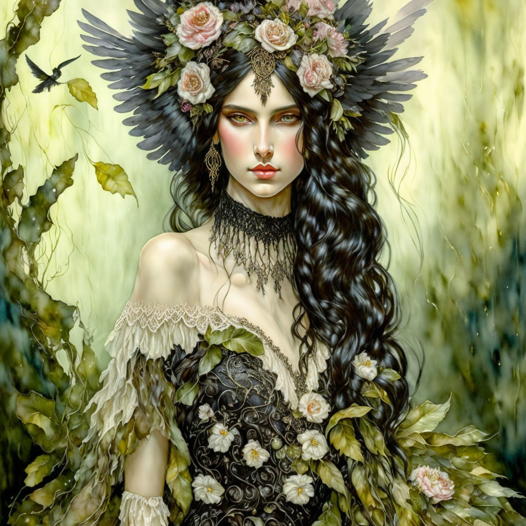 Fantasy portrait of woman with dark hair, floral headdress, black lace dress, bird in flight