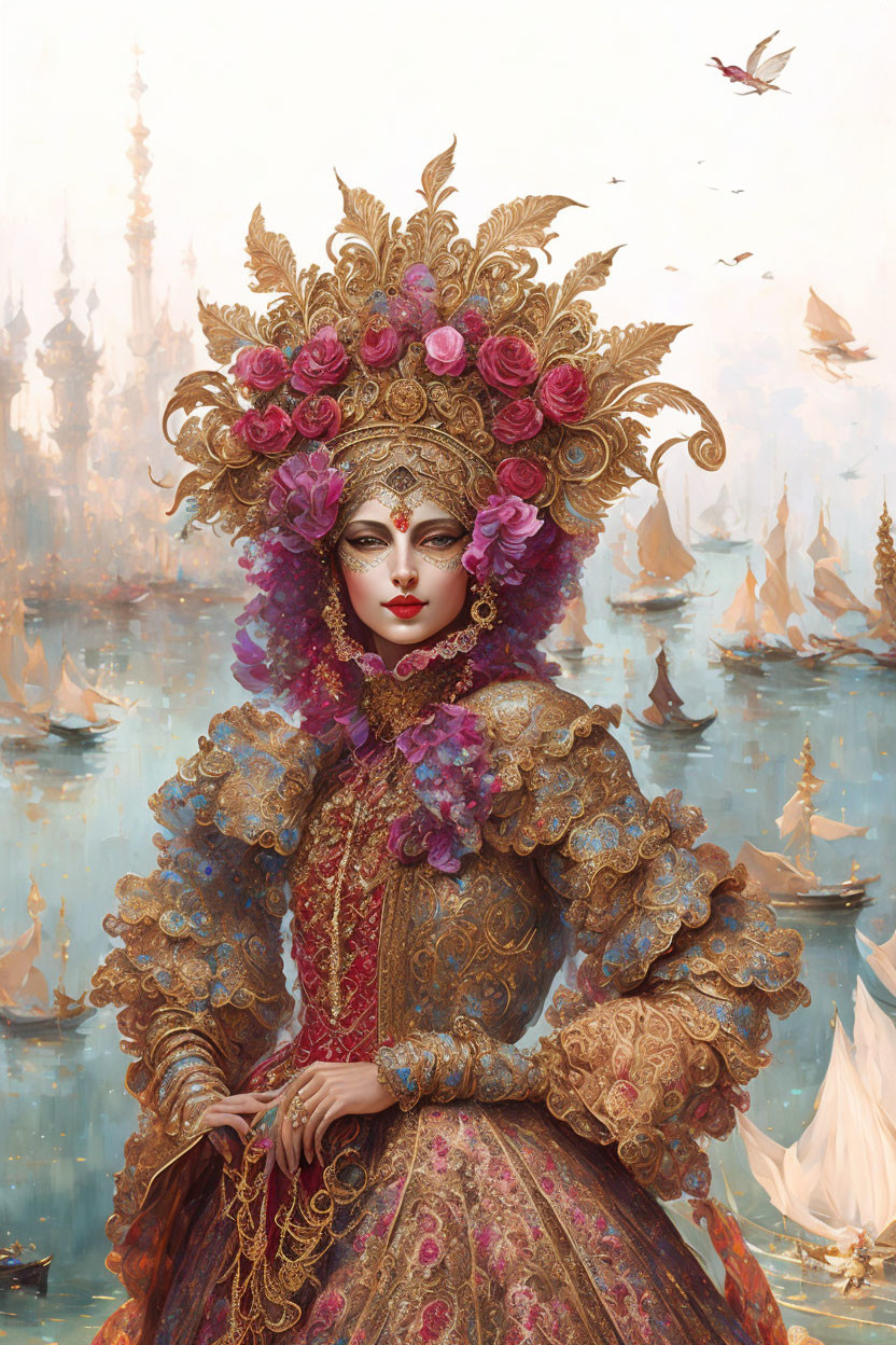 Portrait of a woman in gold and rose costume with feathered headdress against fantasy backdrop