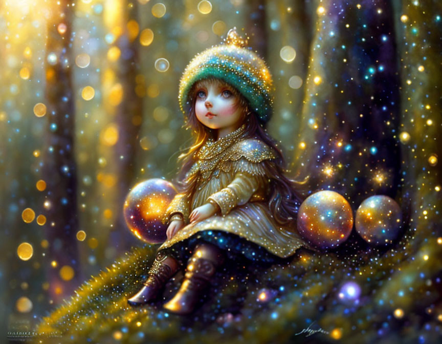 Illustration of doll-like girl in glittering forest with orbs and golden light.