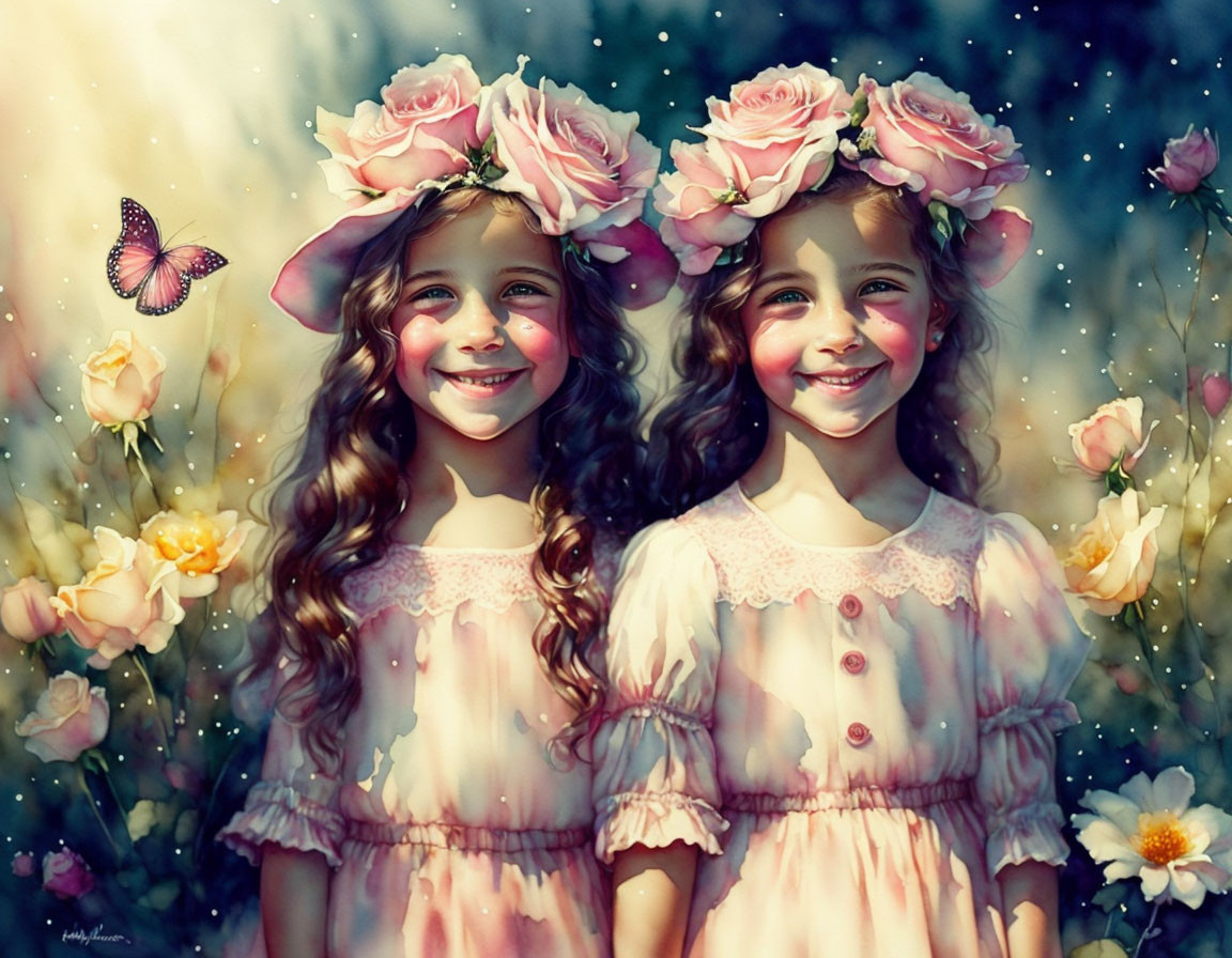 Illustration of two girls with floral crowns, roses, and a butterfly in a whimsical style