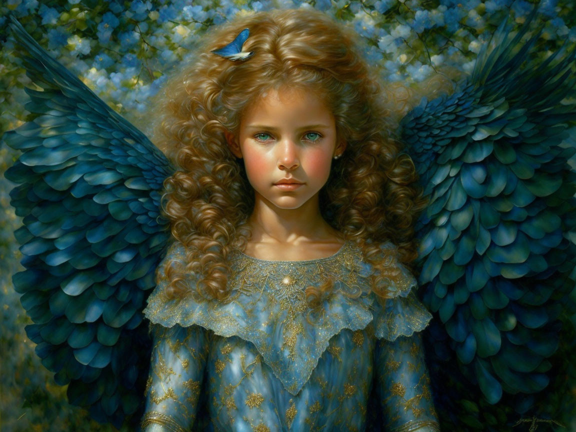 Young girl with blue angelic wings and halo of flowers.