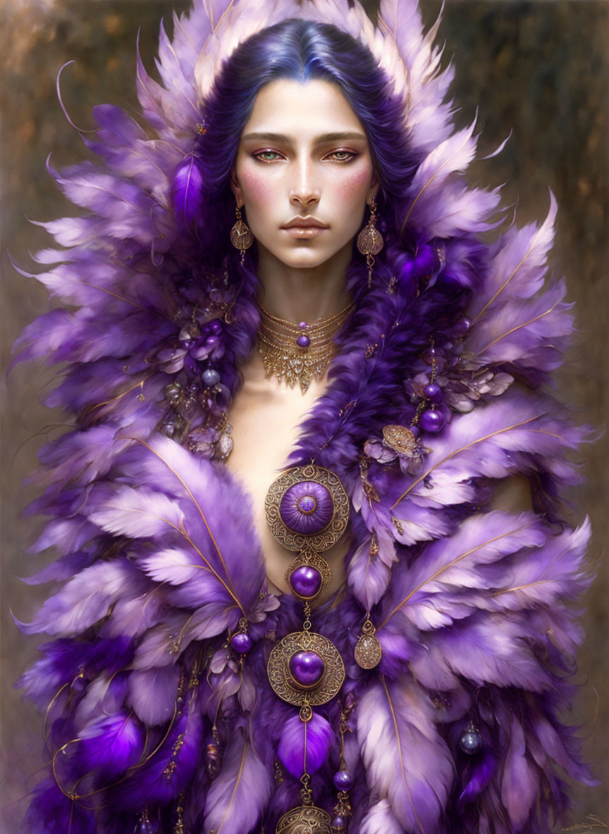 Regal figure in purple feathers and gold jewelry with intense gaze