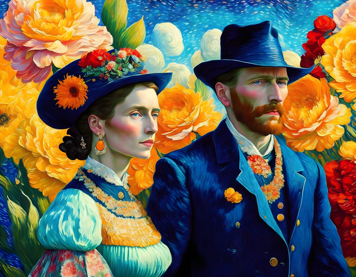 Victorian-Era Couple Painting with Vibrant Floral Background