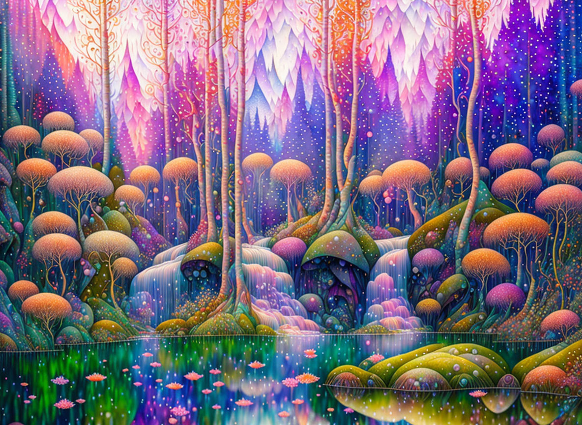 Colorful Fantasy Forest with Waterfall, Mushrooms, and Starry Sky Pond