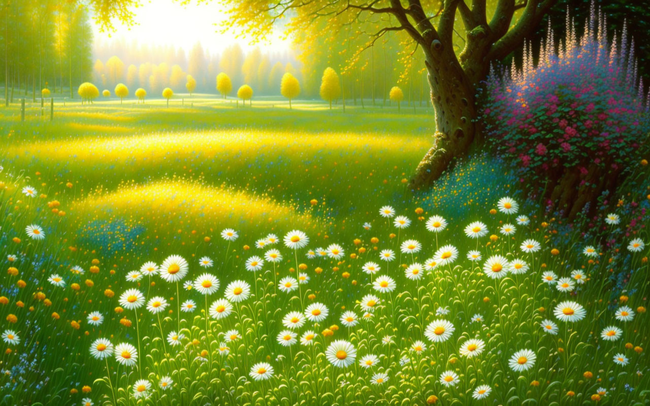 Lush Field of Daisies and Yellow Flowers Under Tree Canopy