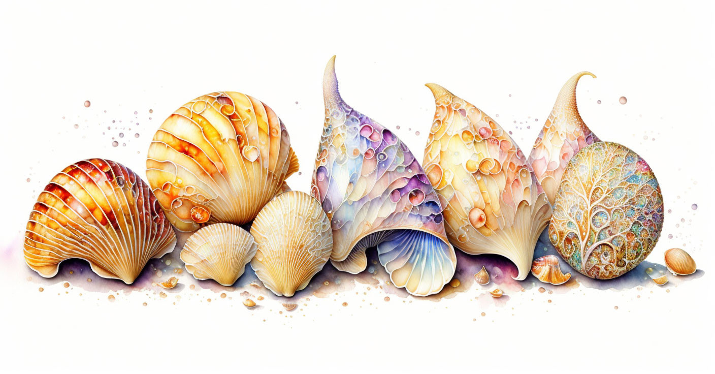 Colorful Seashells with Intricate Patterns on White Background