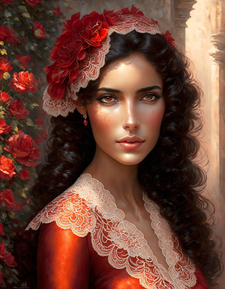 Woman with expressive eyes and red flower hair adornment in front of rose backdrop.