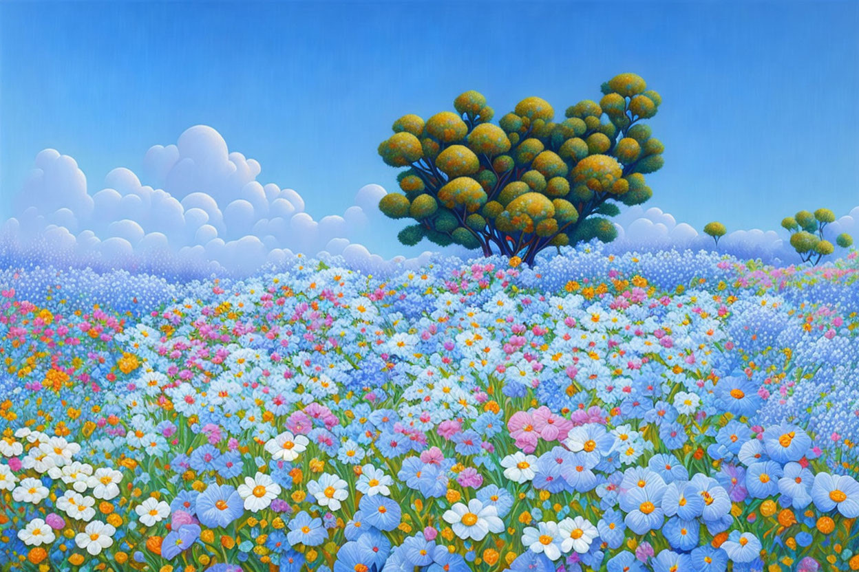 Colorful flower field painting with lush tree and blue sky