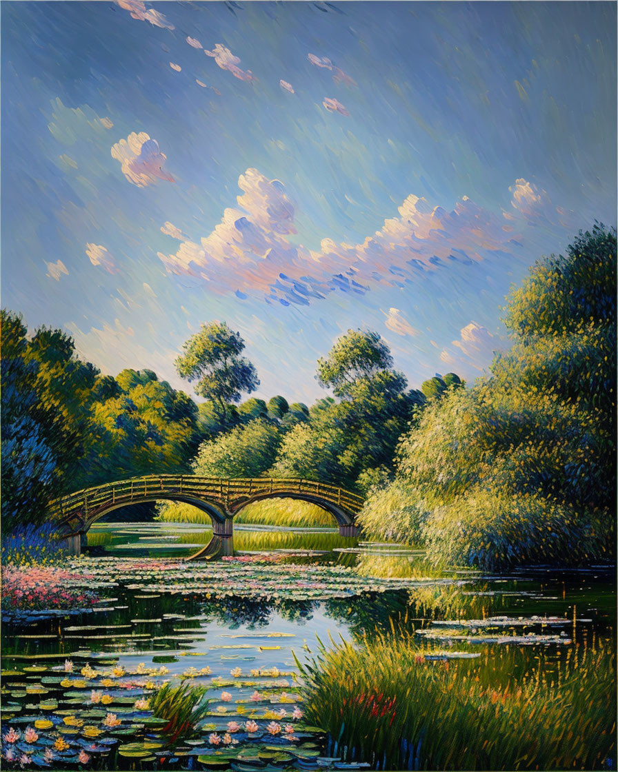 Tranquil pond with water lilies, lush trees, bushes, and wooden bridge under serene sky