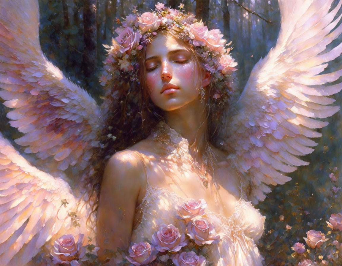 Fantastical image: Woman with angel wings and flower crown in soft glow