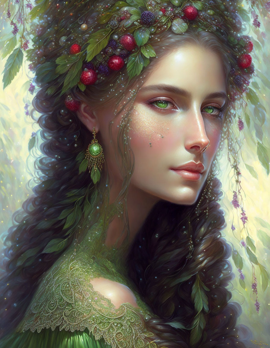 Green-eyed woman in berry wreath and earrings, wearing green dress in nature scene