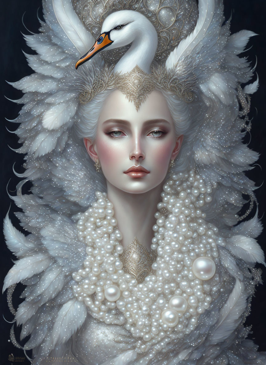 Ethereal woman in luxurious swan headpiece and feathered attire.