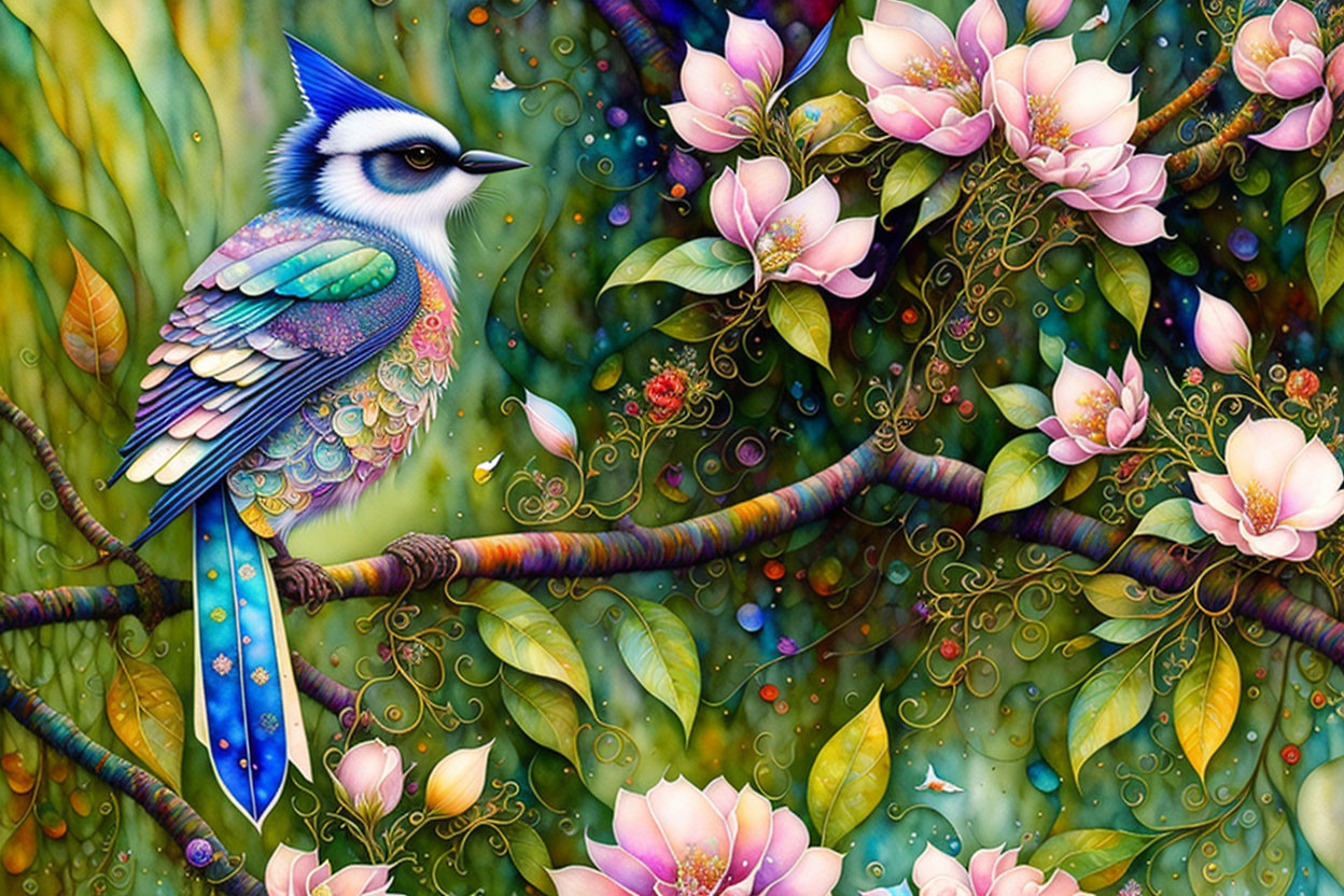 Colorful bird perched on branch with pink flowers and whimsical backdrop