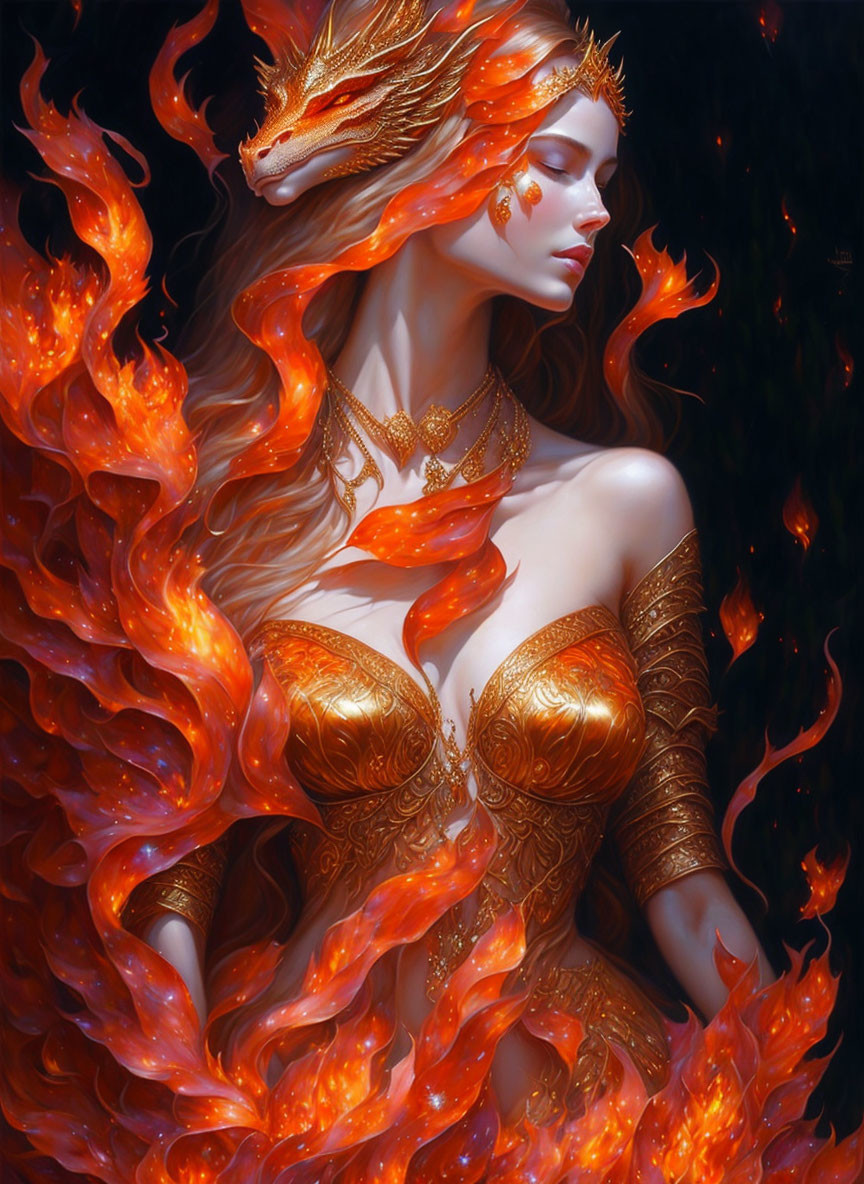 Golden dragon-head armor on ethereal female figure in fiery-orange flames