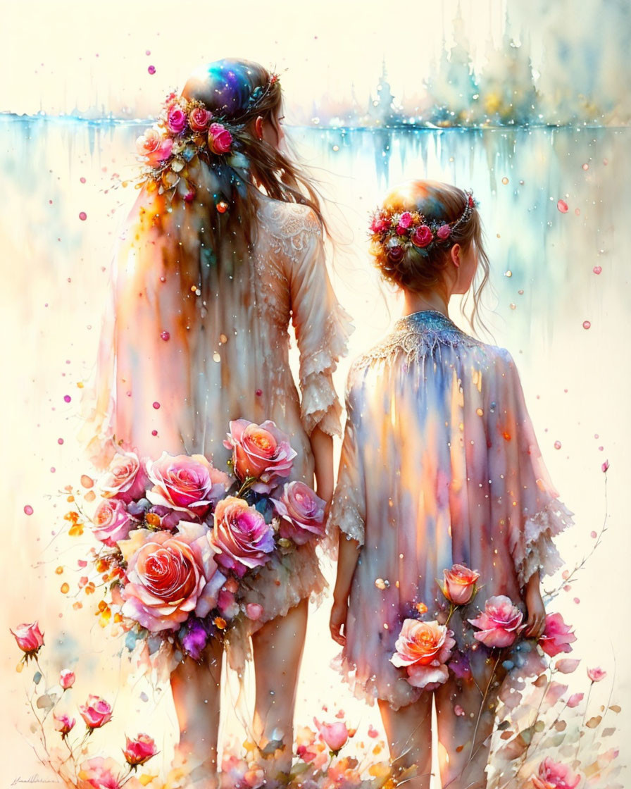 Two women in floral dresses by water, surrounded by petals.