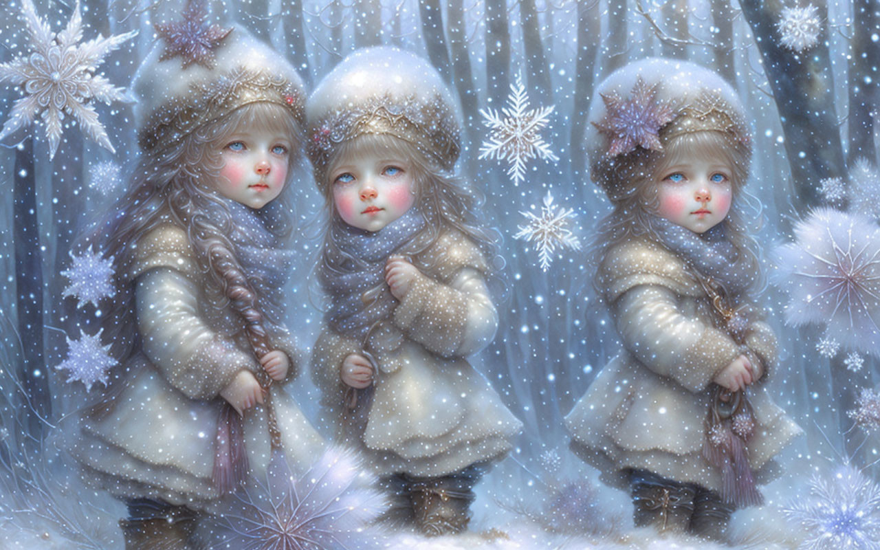 Three identical images of a child in winter setting with beige coat and hat.