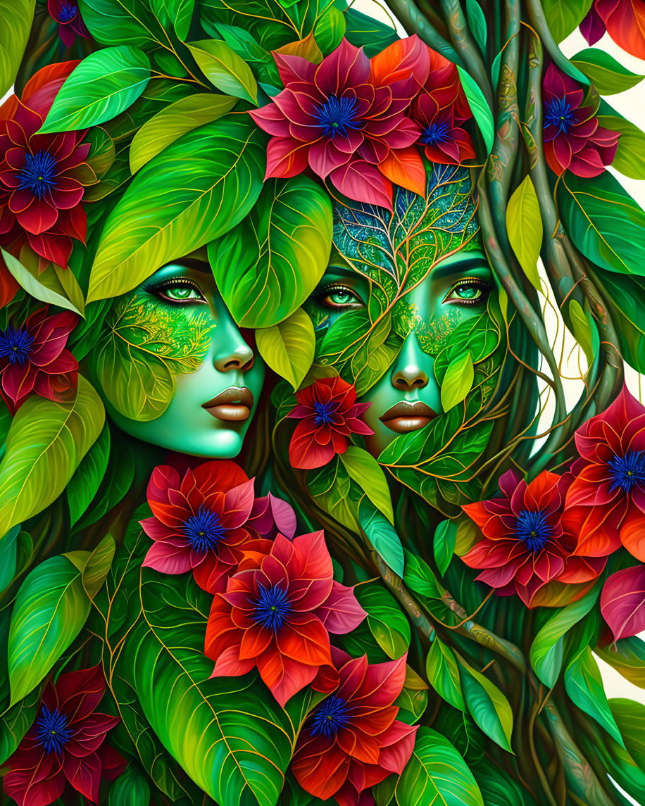 Artistic faces blend with lush foliage and vibrant flowers in intricate design.