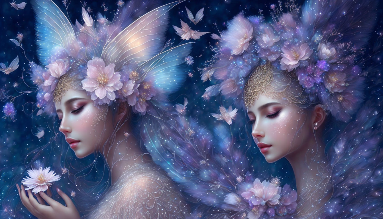 Ethereal females with floral and butterfly motifs and translucent wings on starry backdrop