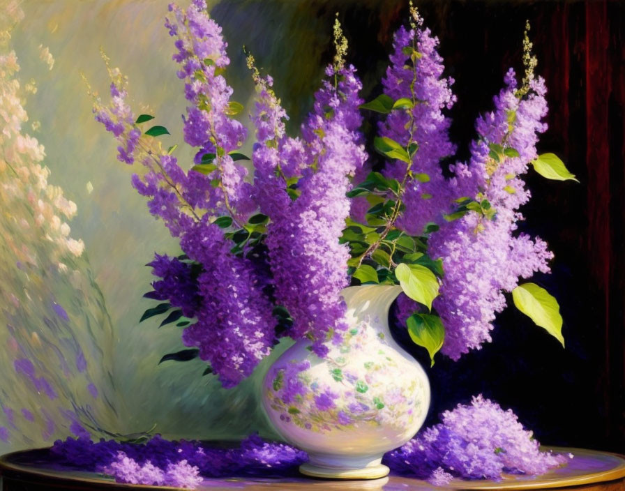 Purple Lilacs Bouquet in White Vase on Table with Dark Background