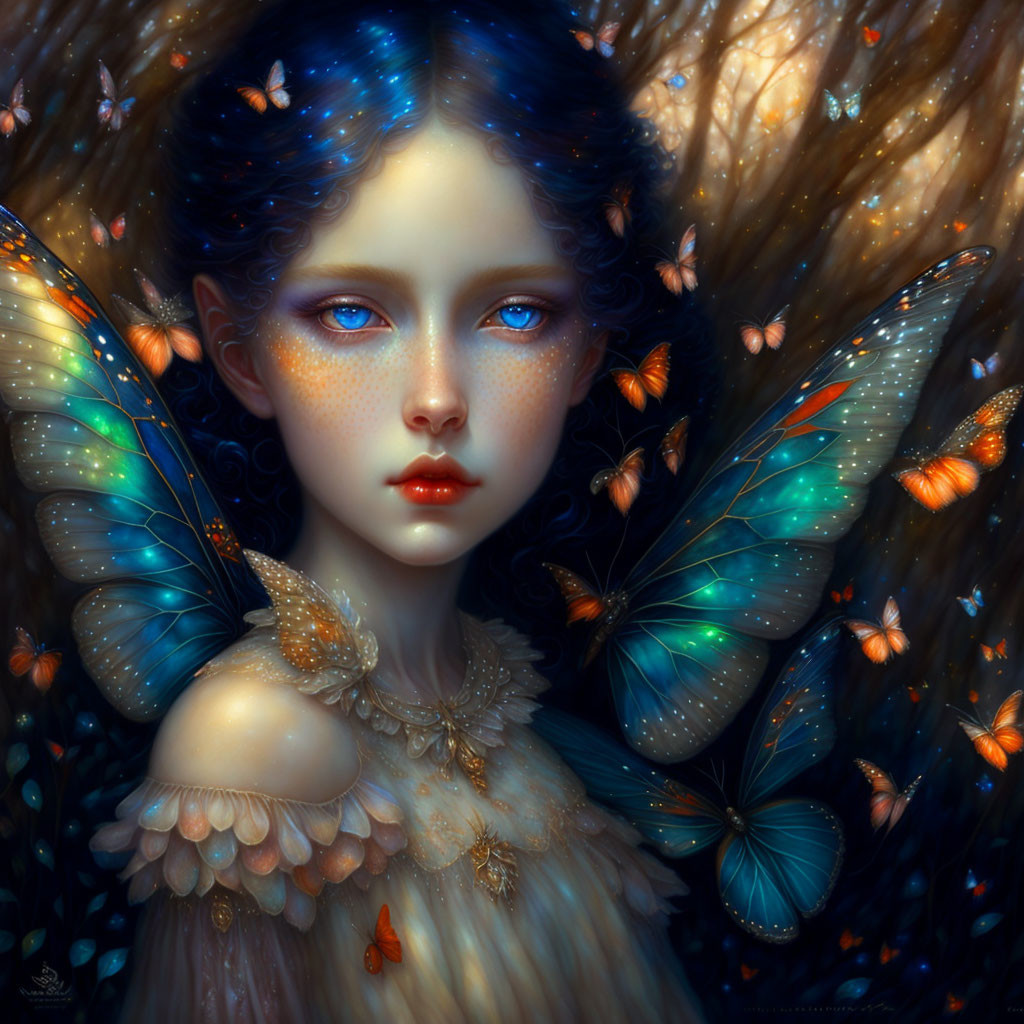 Blue-Winged Fairy Surrounded by Butterflies in Vibrant Colors