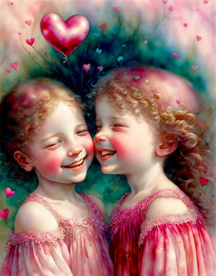 Two girls with curly hair smiling cheek-to-cheek amidst hearts and a heart-shaped balloon