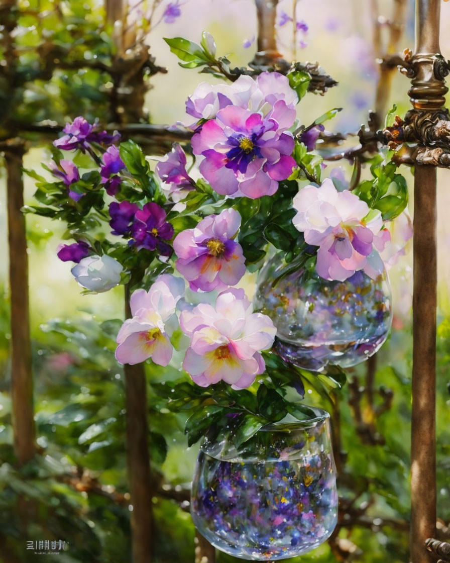 Colorful flowers on translucent orbs against rustic lattice backdrop.