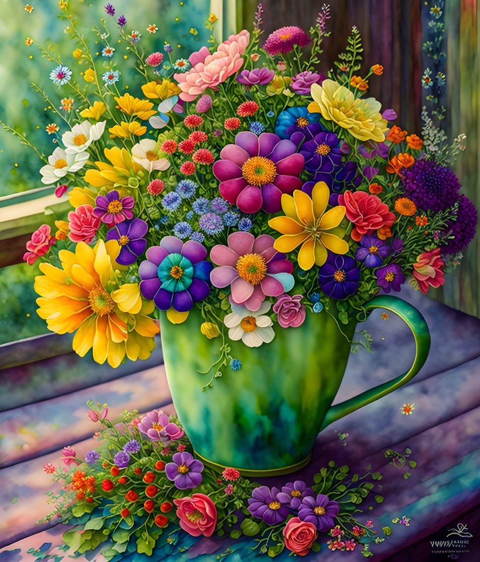 Colorful Flower-filled Teacup Painting with Window Backdrop