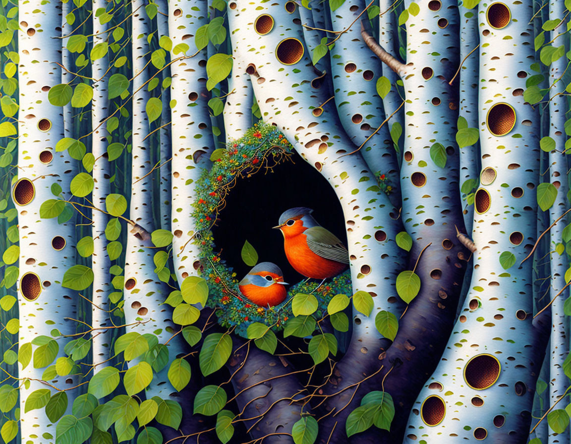 Detailed Illustration of Birds Nesting in Whimsical Tree