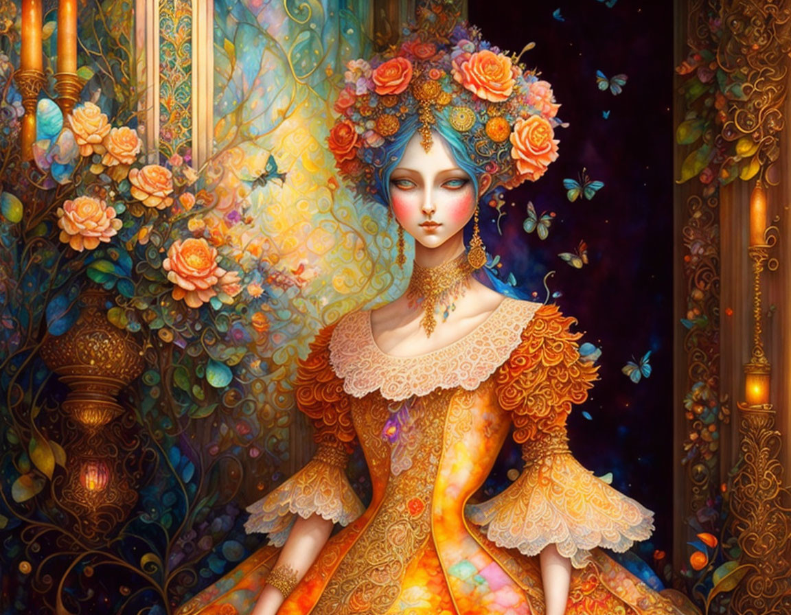 Vibrant illustration of blue-skinned woman in floral headdress and golden dress