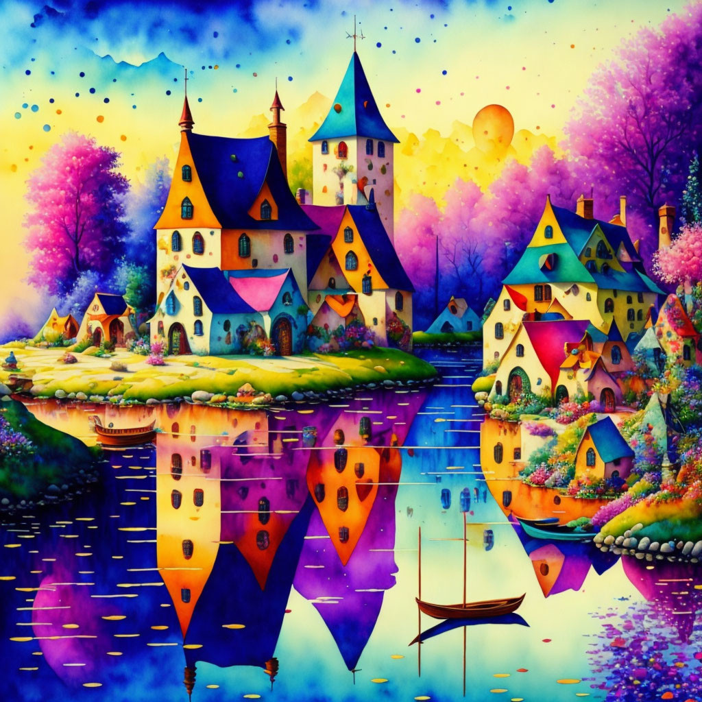 Colorful Whimsical Village Artwork with Sunset Sky & Boat