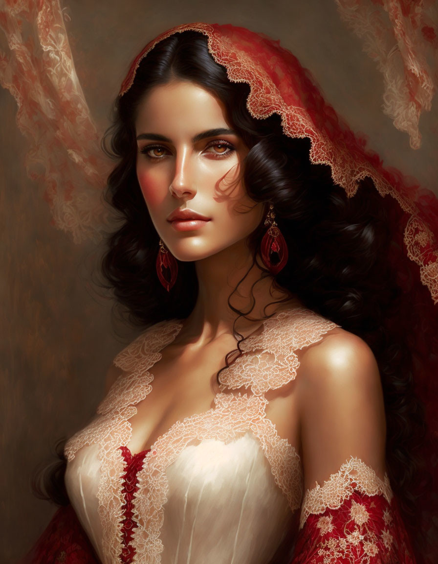 Woman portrait with dark hair, red lace veil, white dress, and red earrings.