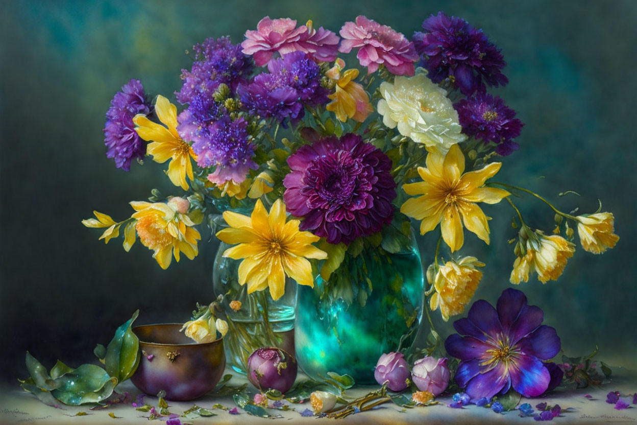 Colorful Flower Bouquet Still Life Painting on Textured Surface