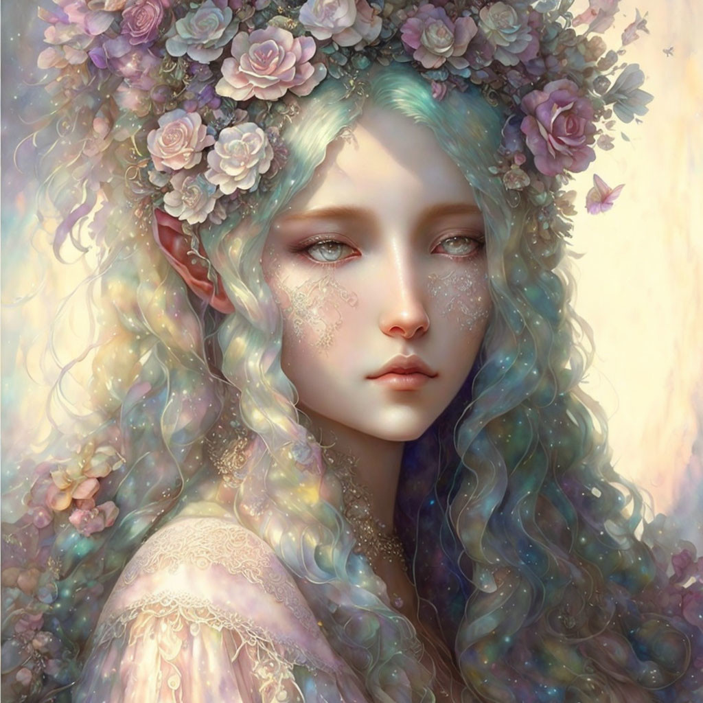 Fantasy illustration of female figure with blue hair and floral crown in ethereal setting