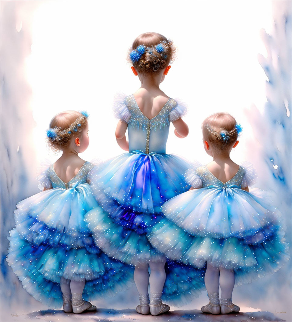 Three girls in blue tutu dresses and ballet shoes with floral hairpieces in a white setting