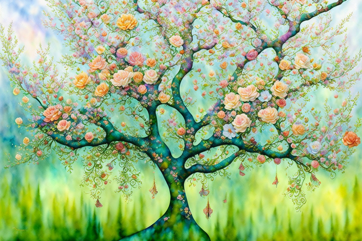 Whimsical tree painting with pink and yellow blossoms on soft green background