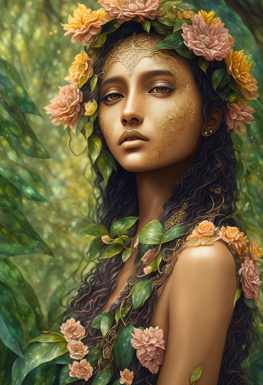 Woman with Golden Floral Patterns and Pink Flower Crown in Lush Greenery