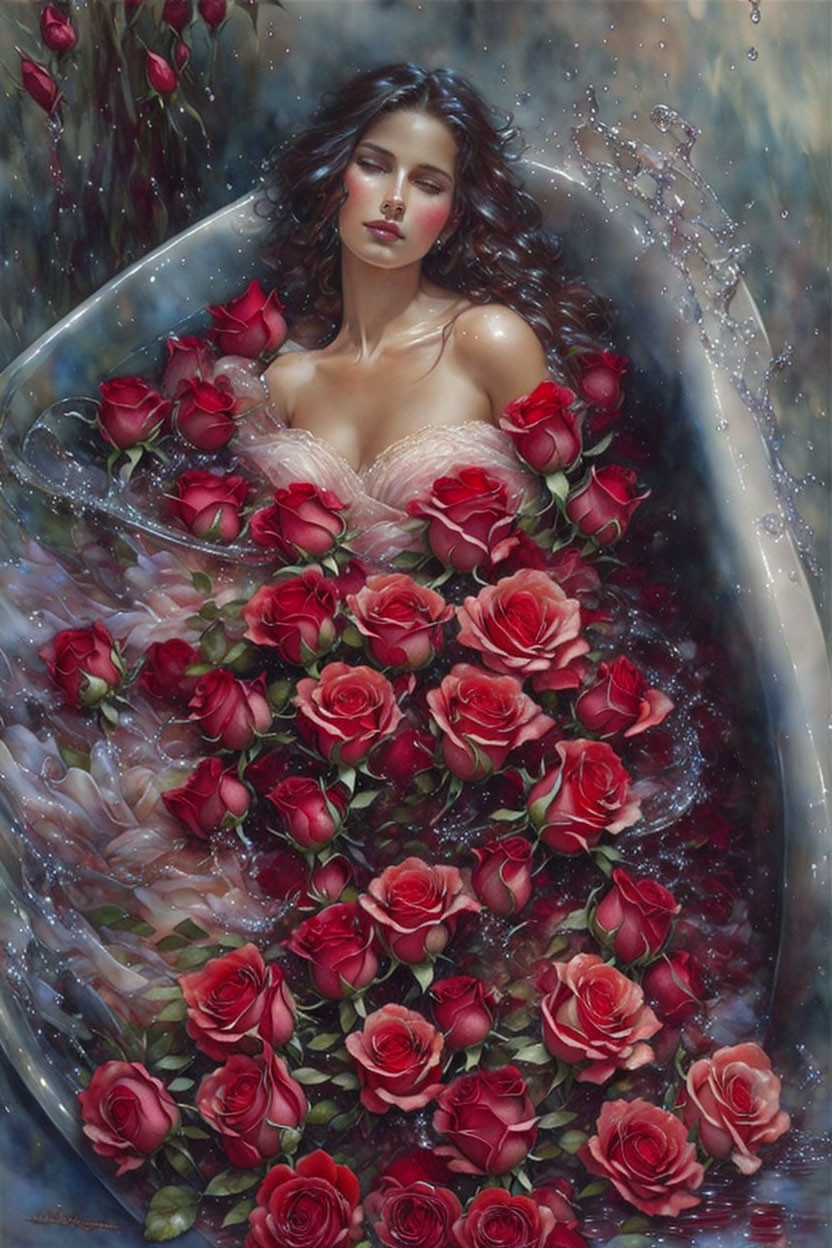 Woman surrounded by red roses immersed in water with sprinkling drops - serene and romantic ambiance