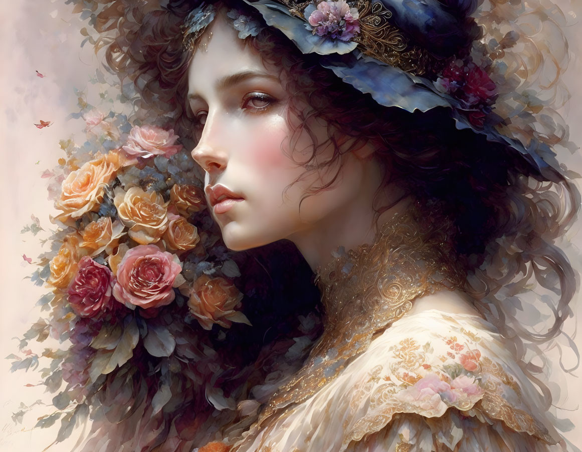 Portrait of Woman with Curly Hair in Floral Headpiece and Vintage Dress among Pastel Roses