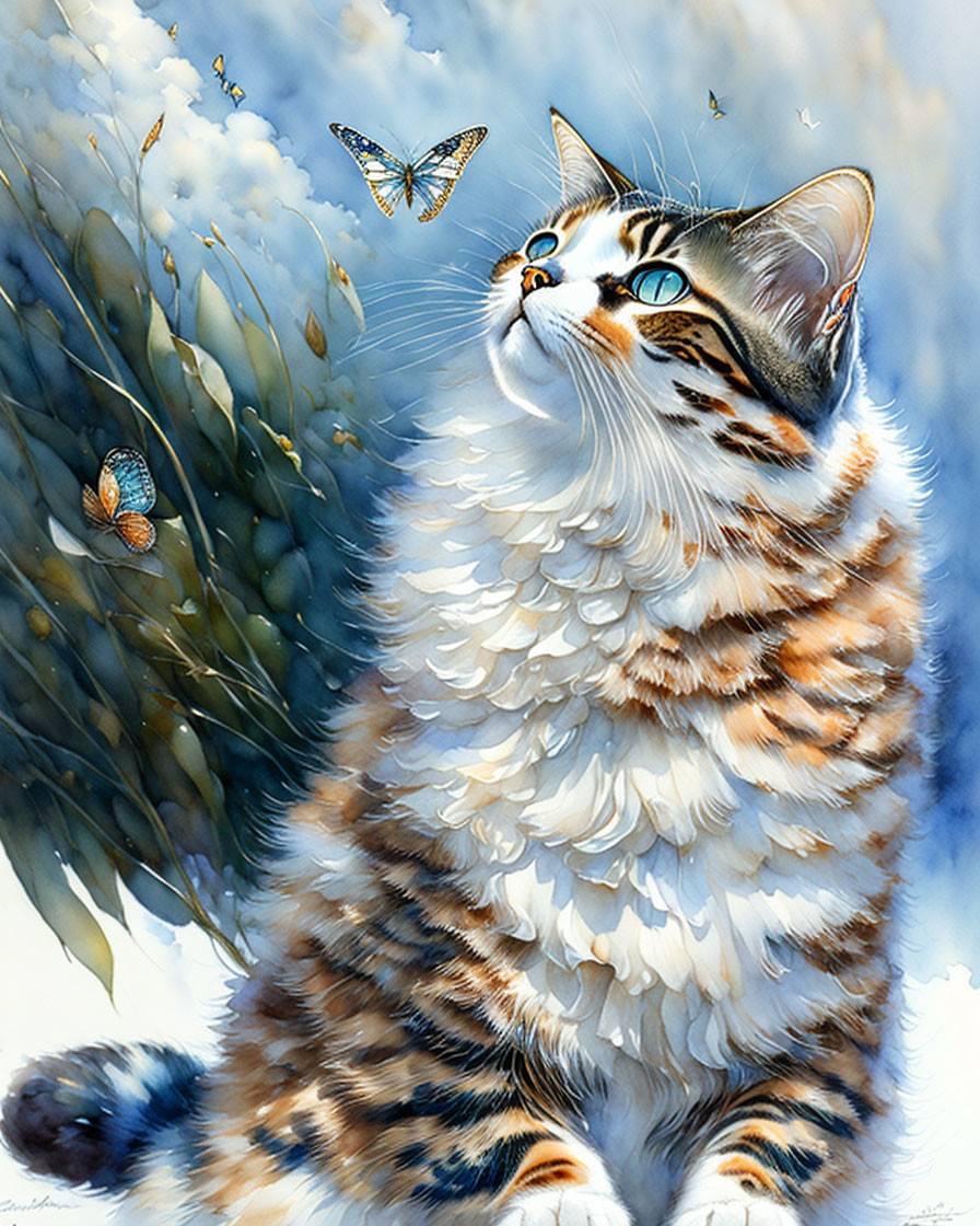 Detailed tabby cat illustration with green eyes and butterfly on blue and white backdrop