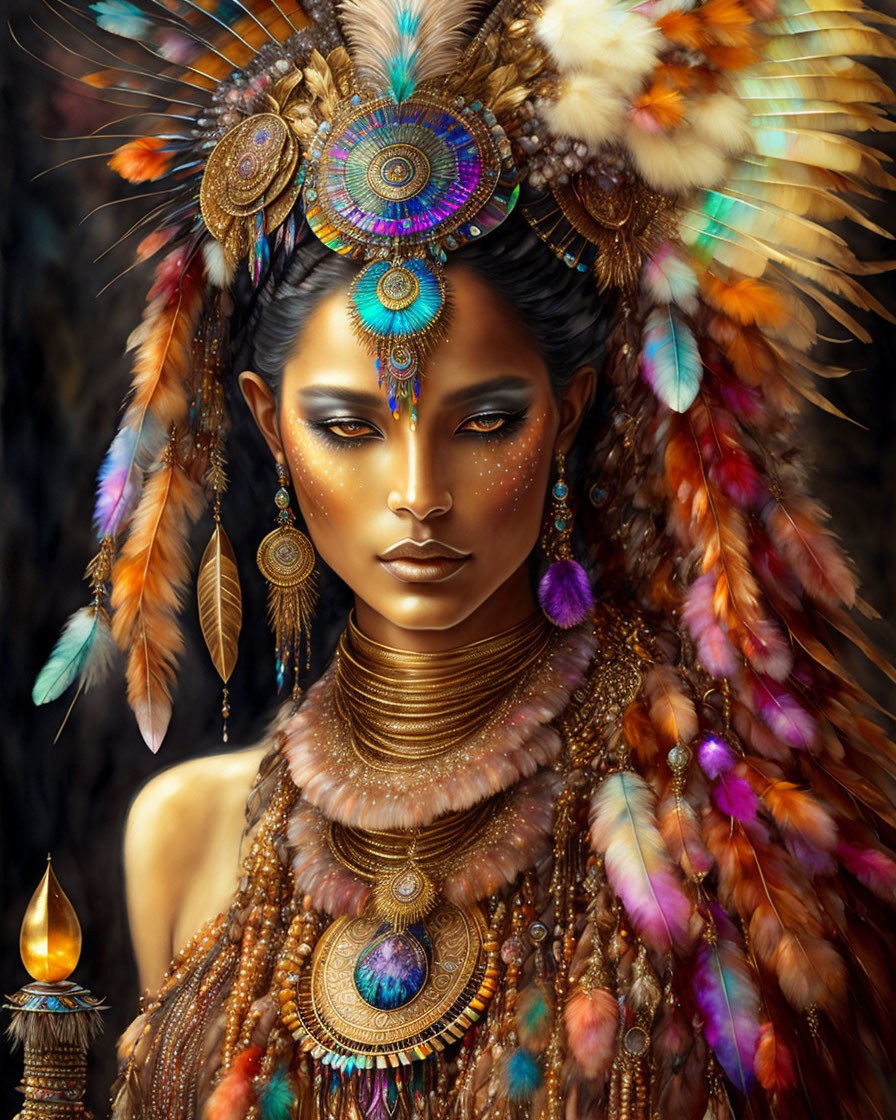 Digital artwork featuring woman with ornate headdress and intricate jewelry