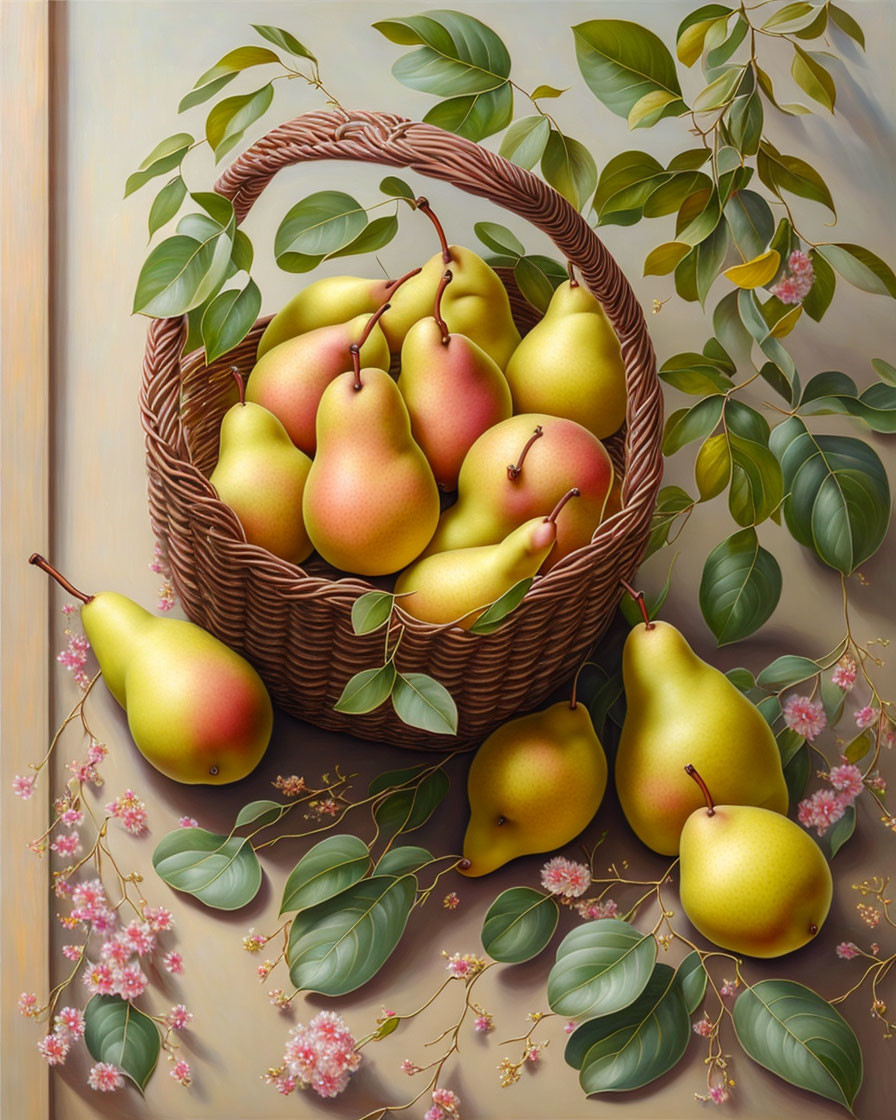 Still life painting of ripe pears in wicker basket with green leaves and pink blossoms