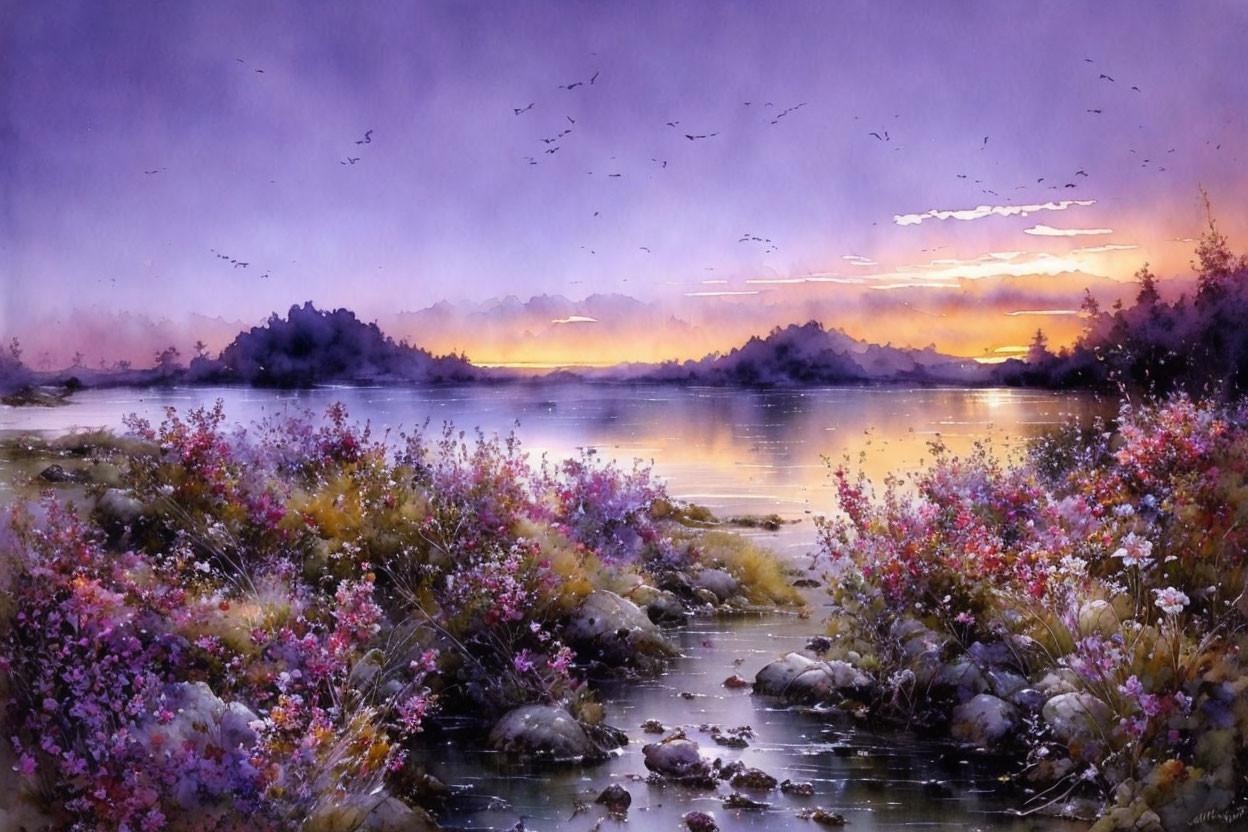 Tranquil watercolor landscape of vibrant sunset over calm lake