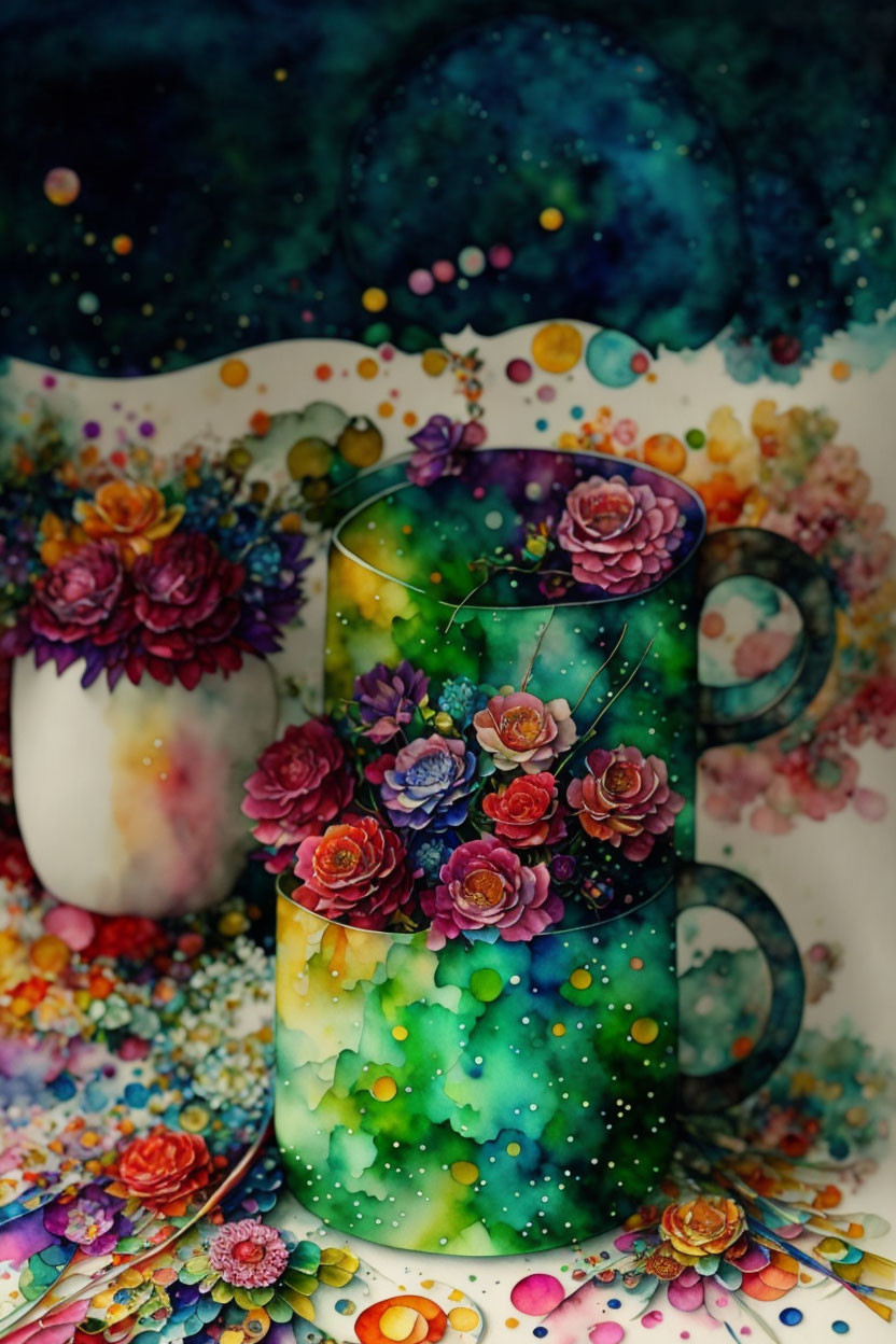 Colorful Flower-Filled Glass Artwork with Cosmic Background