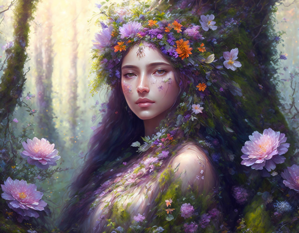 Woman with floral crown in mystical forest surrounded by lush greenery