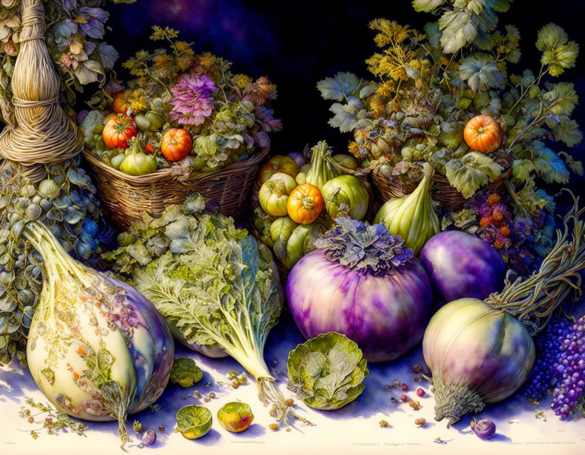 Colorful Still Life Painting of Fruits and Vegetables