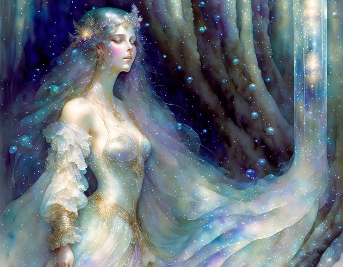 Ethereal woman with starry diadem in luminescent gown amid starlit backdrop